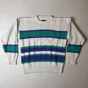 Eddie Bauer Mens Crewneck Striped Sweater 100% Cotton M/L White Blue Green